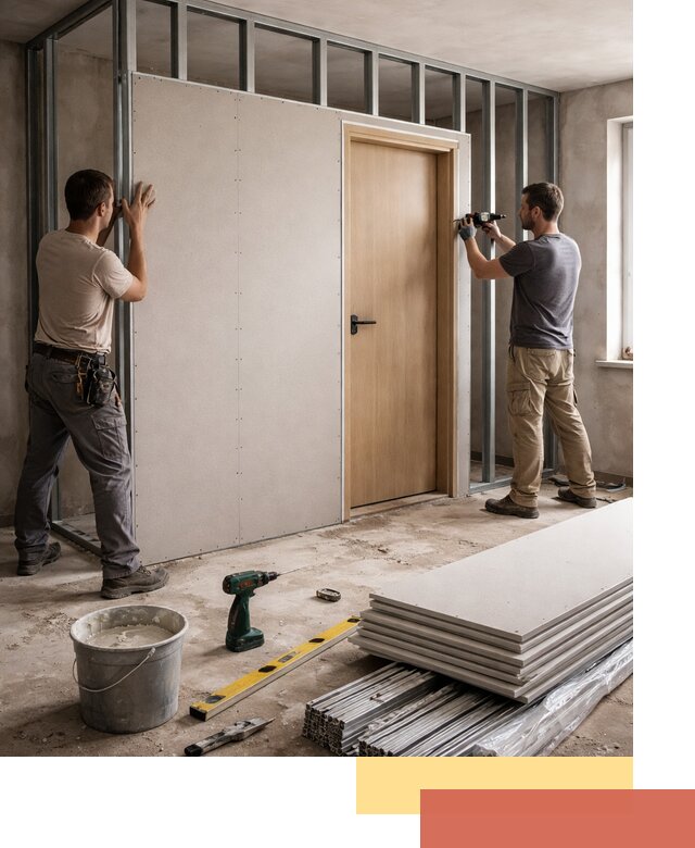 Перегородка из гипсокартона с дверью под ключ в Великих Луках