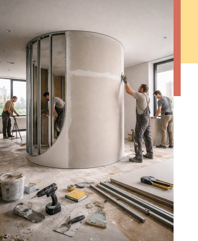 Радиусная перегородка из гипсокартона в Великих Луках от 2998 руб. под ключ | ОТДЕЛОЧНИК-Вкл