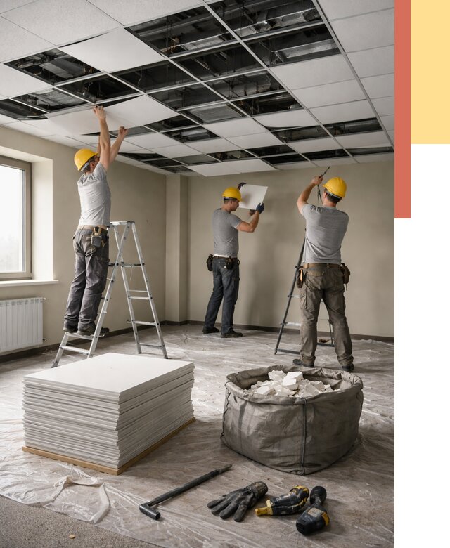 Демонтаж потолка Армстронг в Великих Луках от 4652 руб. быстро и недорого | ОТДЕЛОЧНИК-Вкл