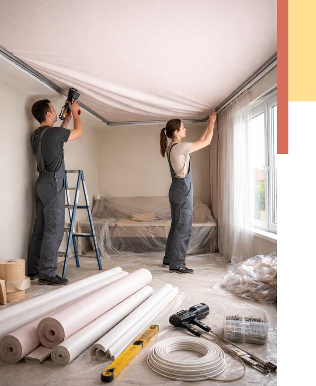 Монтаж цветного натяжного потолка в Великих Луках от 4342 руб/м² — быстро и недорого | ОТДЕЛОЧНИК-Вкл