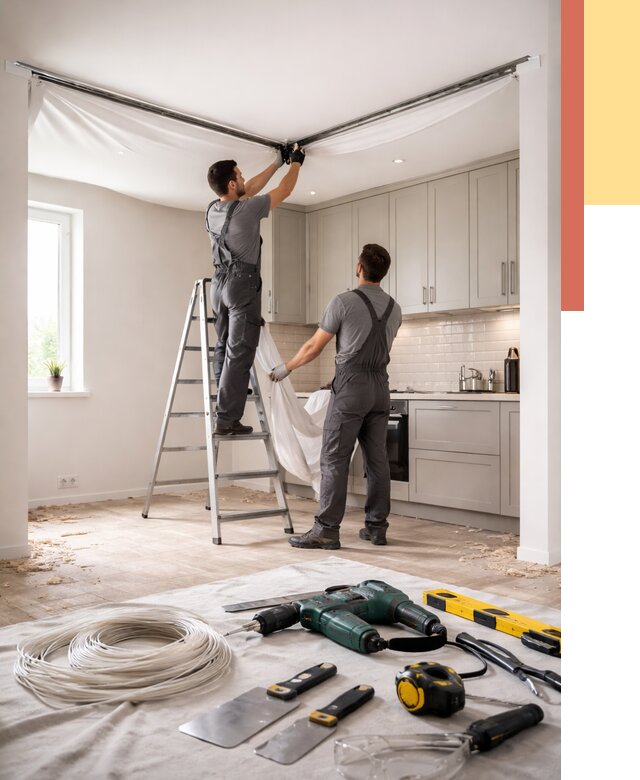 Установка натяжного потолка на кухне в Великих Луках от 2481 руб. | ОТДЕЛОЧНИК-Вкл