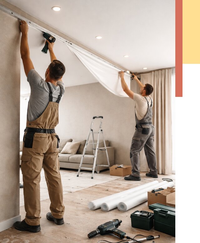 Монтаж натяжного потолка в гостиной в Великих Луках от 569 руб. | ОТДЕЛОЧНИК-Вкл