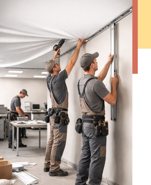 Монтаж натяжного потолка в офисе в Великих Луках от 465 руб/м² — быстро и недорого | ОТДЕЛОЧНИК-Вкл