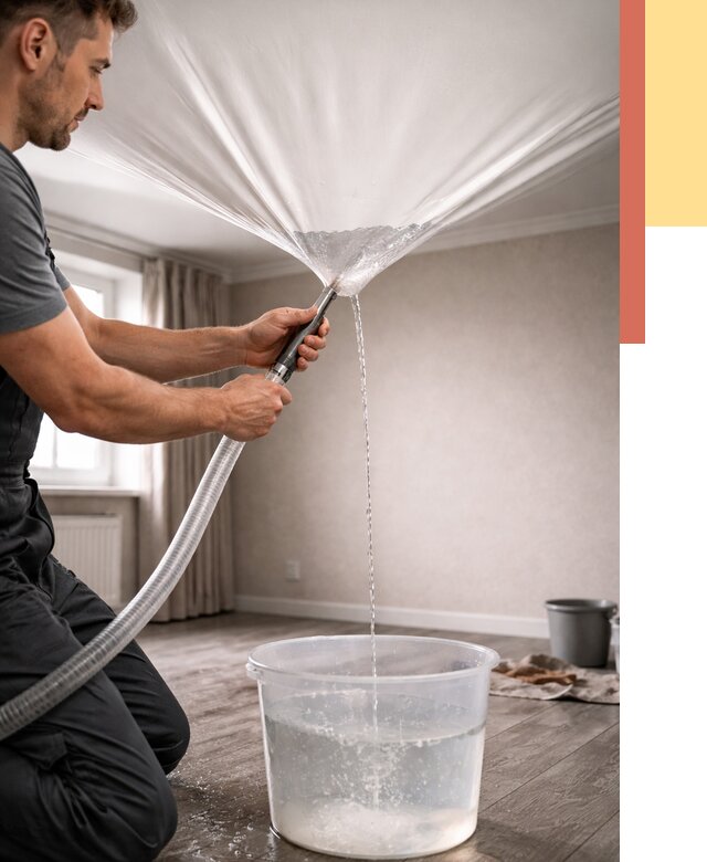 Слив воды с натяжного потолка в Великих Луках от 2584 руб. быстро и недорого | ОТДЕЛОЧНИК-Вкл