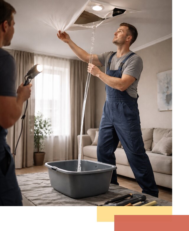 Слив воды с натяжного потолка в Великих Луках быстро и аккуратно