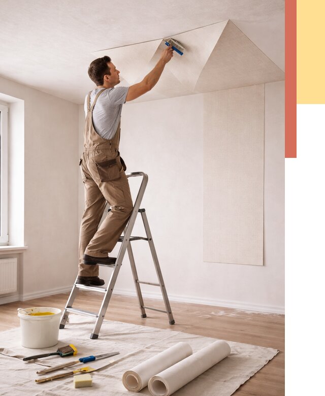 Поклейка обоев на потолок в Великих Луках от 4652 руб. быстро и недорого | ОТДЕЛОЧНИК-Вкл